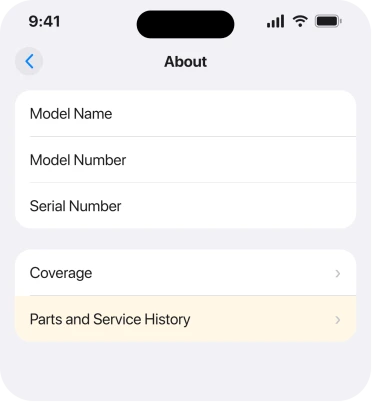 Parts and Service History sits at the foot of Settings, General, About