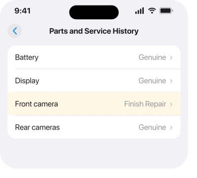The Front camera row reading Finish Repair, which means calibration was never completed