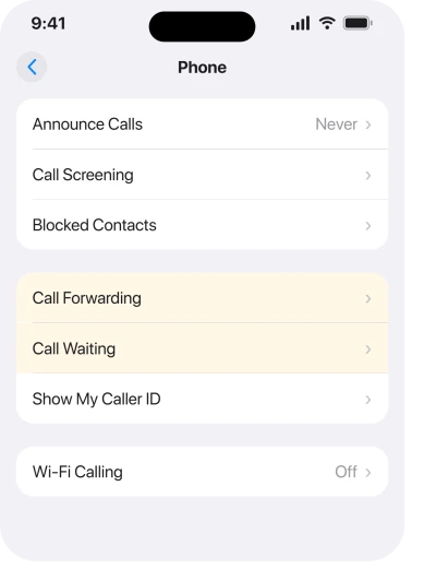 Settings, Apps, Phone is where Call Forwarding and Call Waiting both live
