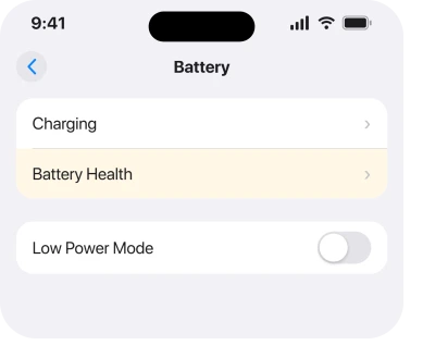 The Battery Health row, one tap inside Settings then Battery