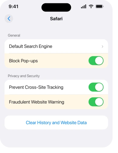Block Pop-ups and Fraudulent Website Warning, both inside Settings, Apps, Safari