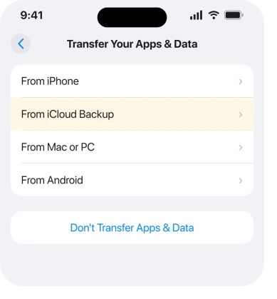 The Transfer Your Apps and Data screen, where From iCloud Backup is one of several routes