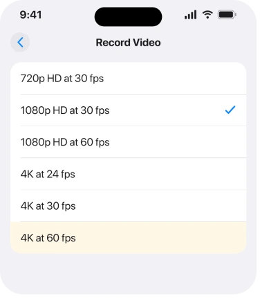Settings, Camera, Record Video, where each option shows what a minute costs