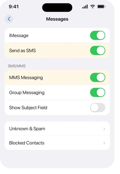 Settings, Apps, Messages, where MMS Messaging and Send as SMS both live