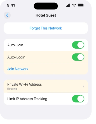 The network info screen, with Join Network under the connection details