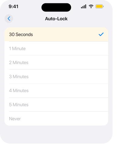 The Auto-Lock list with 30 Seconds ticked and the other rows unresponsive