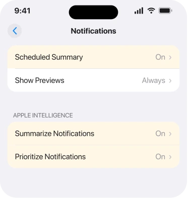 Settings, Notifications, with Scheduled Summary and the two Apple Intelligence switches