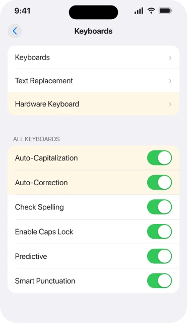 Settings, General, Keyboard, with Auto-Capitalization and Auto-Correction as separate rows