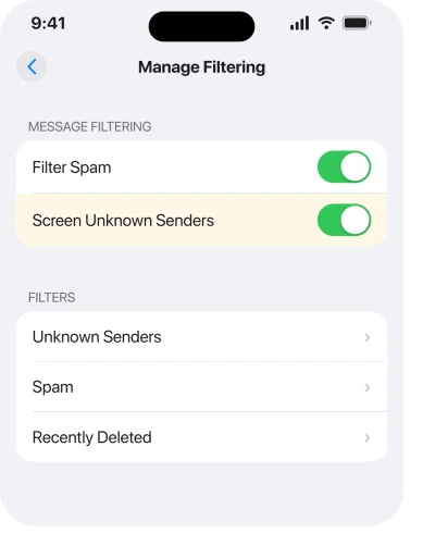 Manage Filtering in Messages, with Screen Unknown Senders switched on