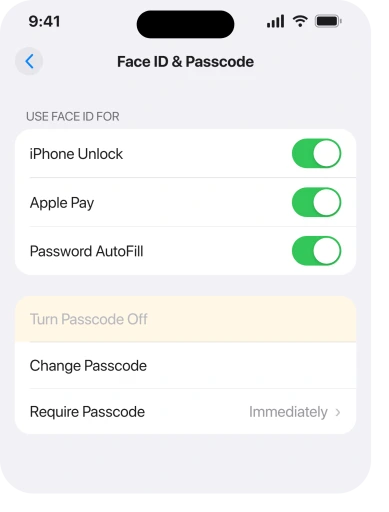 Face ID and Passcode, with the unlock switches on and Turn Passcode Off greyed out