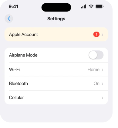 Settings with an account alert badge at the top, above your name