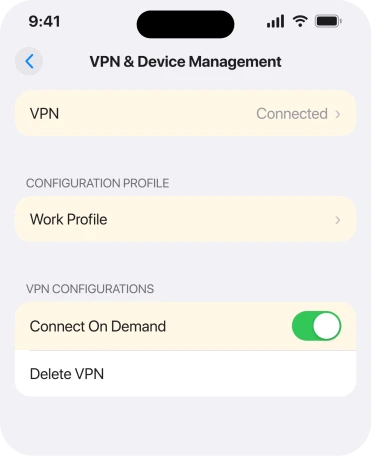 VPN and Device Management, with a VPN configuration and its info button
