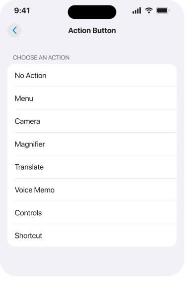 Settings, Action Button, with the option carousel