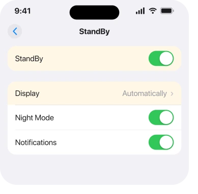 Settings, StandBy, with the switch and the Display options