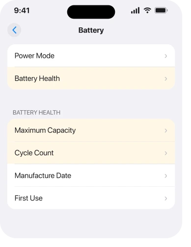 Settings, Battery, showing the Battery Health row