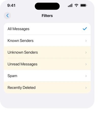 Messages Filters, showing Unknown Senders and Recently Deleted
