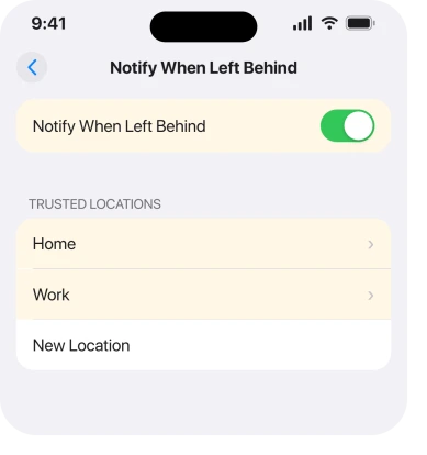 Find My, Notify When Left Behind, with the Trusted Locations section