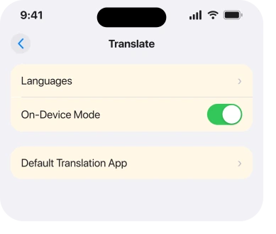 Settings, Apps, Translate, with On-Device Mode