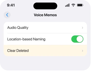 Settings, Apps, Voice Memos, showing Clear Deleted