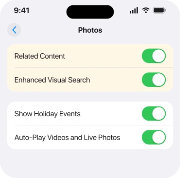 Settings, Apps, Photos, showing Related Content
