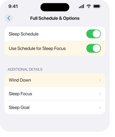 Health, Sleep, Full Schedule and Options