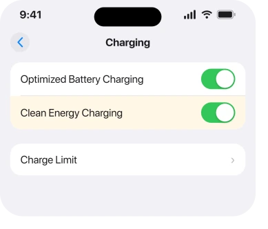 Settings, Battery, Charging, with Clean Energy Charging