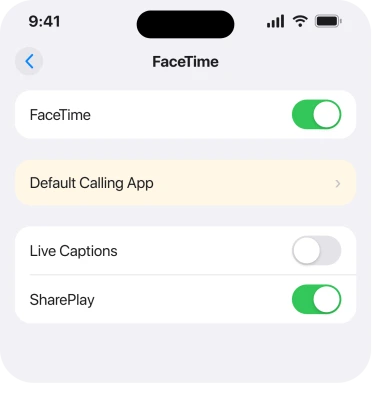 Settings, Apps, FaceTime, Default Calling App