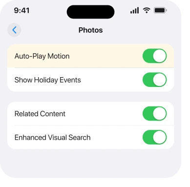 Settings, Apps, Photos, showing Auto-Play Motion