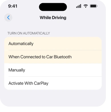 Settings, Focus, Driving, Turn on Automatically