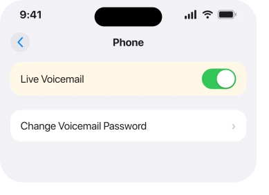 Settings, Apps, Phone, showing Live Voicemail