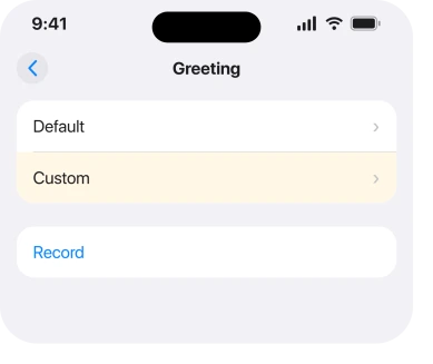 Phone app, Voicemail, Greeting, with Custom and Record