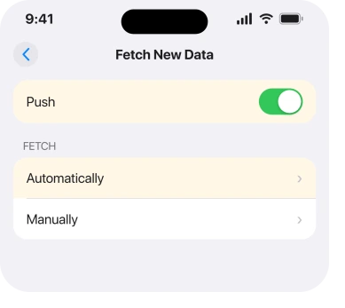 Settings, Apps, Mail, Mail Accounts, Fetch New Data
