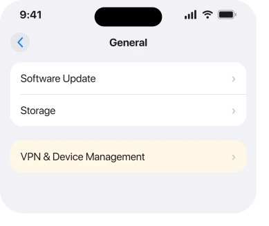 Settings, General, VPN and Device Management