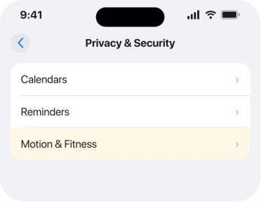 Settings, Privacy and Security, with the Motion and Fitness row