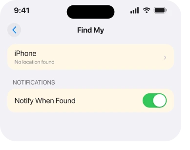 Find My device screen showing No location found and Notify When Found