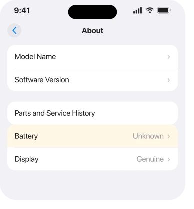 Settings, General, About, showing the Battery row