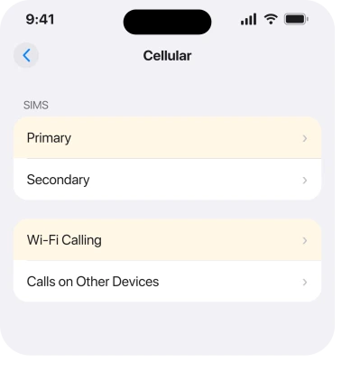 Settings, Cellular, showing the line and Wi-Fi Calling