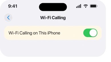 The Wi-Fi Calling screen with Wi-Fi Calling on This iPhone
