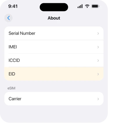 Settings, General, About, showing the EID row