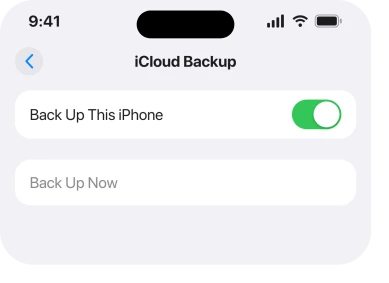 Settings, iCloud, iCloud Backup with Back Up Now greyed