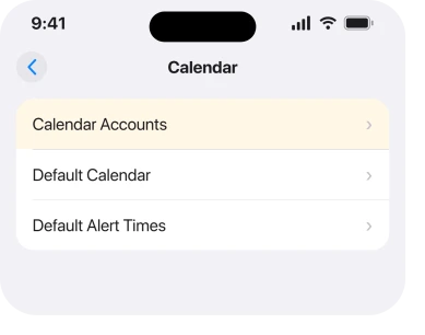 Settings, Apps, Calendar, showing the Calendar Accounts row that holds Fetch New Data