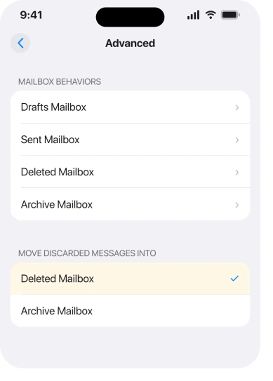 The Advanced screen of a Mail account, showing Move Discarded Messages Into with Deleted Mailbox and Archive Mailbox