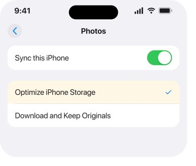 Settings, iCloud, Photos, showing Optimize iPhone Storage selected instead of Download and Keep Originals