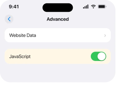 Settings, Apps, Safari, Advanced, showing the JavaScript switch