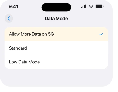 Settings, Cellular, Cellular Data Options, Data Mode, showing the three data mode choices