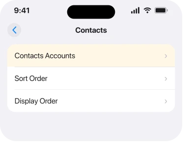 Settings, Apps, Contacts, Contacts Accounts, with an account's Contacts switch