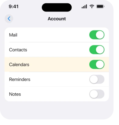 Settings, Apps, Calendar, Calendar Accounts, with an account's Calendars switch