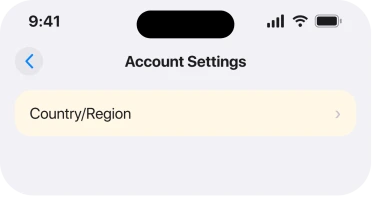 The Account Settings screen with the Country/Region row