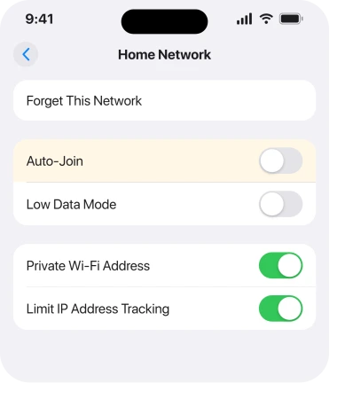 Settings, Wi-Fi, network information screen with Auto-Join
