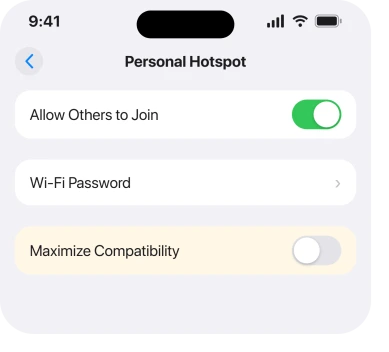 Settings, Personal Hotspot with Maximize Compatibility